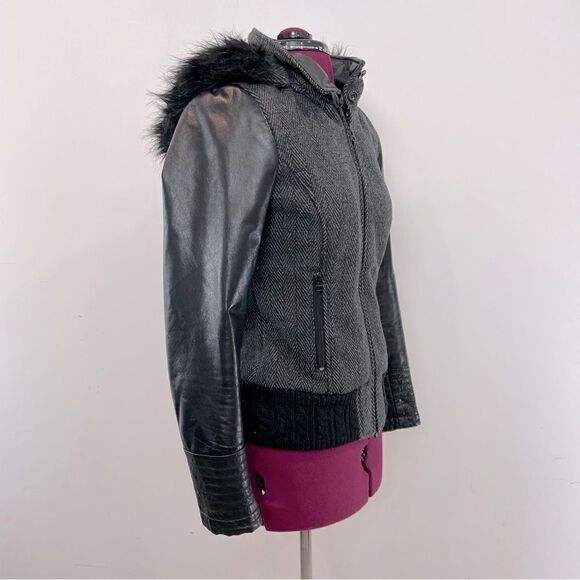 DANIER Leather Sleeves Herringbone print Wool Bomber Jacket Double Lined - Picture 2 of 14